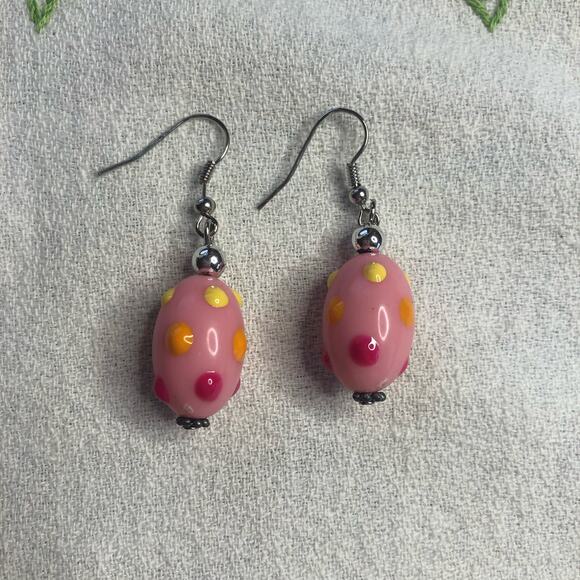 Pink Pastel Polka Dotted Lampwork Bead Earrings Dangle NWT - Picture 2 of 6